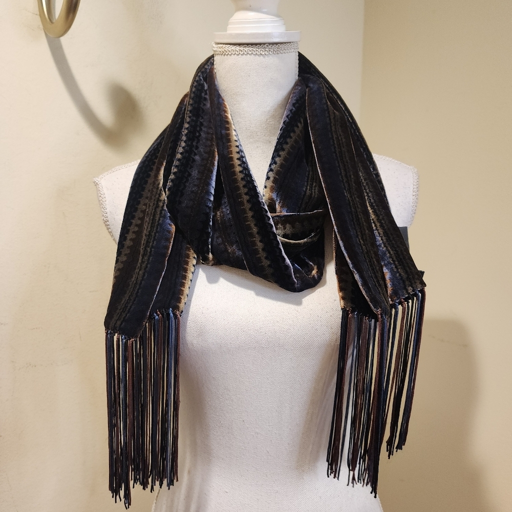 Elegant Black and Brown Velvet  Fringed Scarf